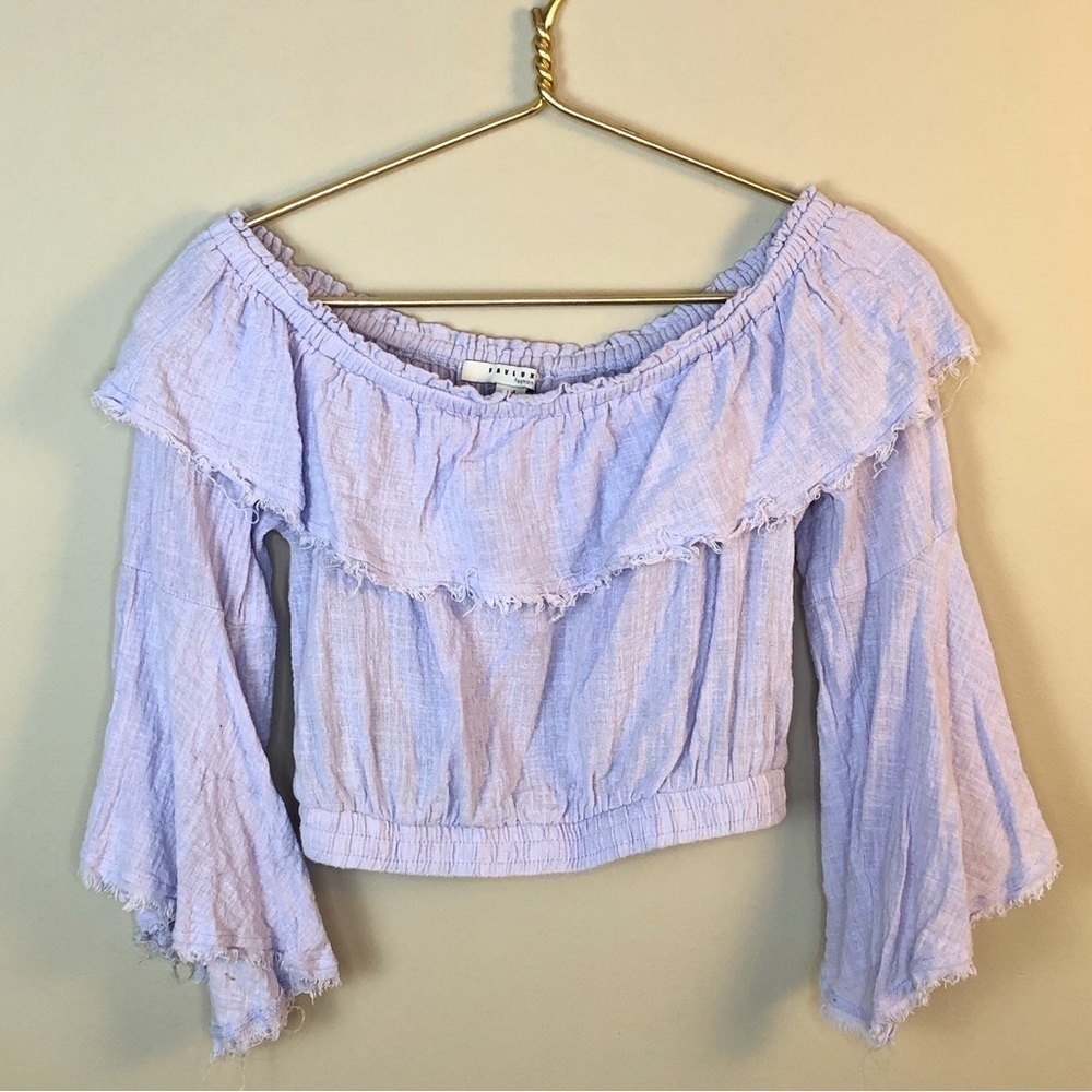 FAVLUX pastel lavender gauzy cotton off shoulder flare sleeves cropped sexy top - Picture 1 of 9